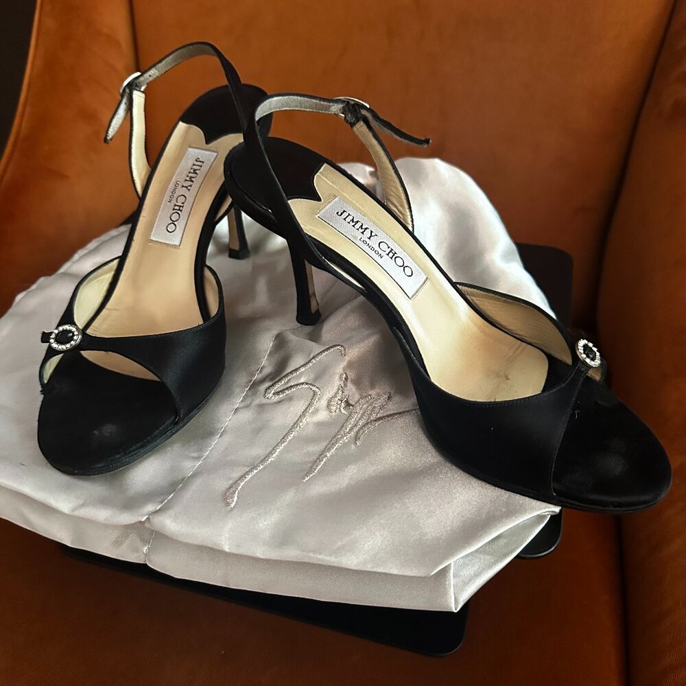 Jimmy Choo Black Satin Sandals with Crystal Embellishment